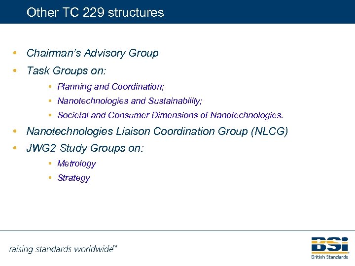 Other TC 229 structures • Chairman’s Advisory Group • Task Groups on: • Planning