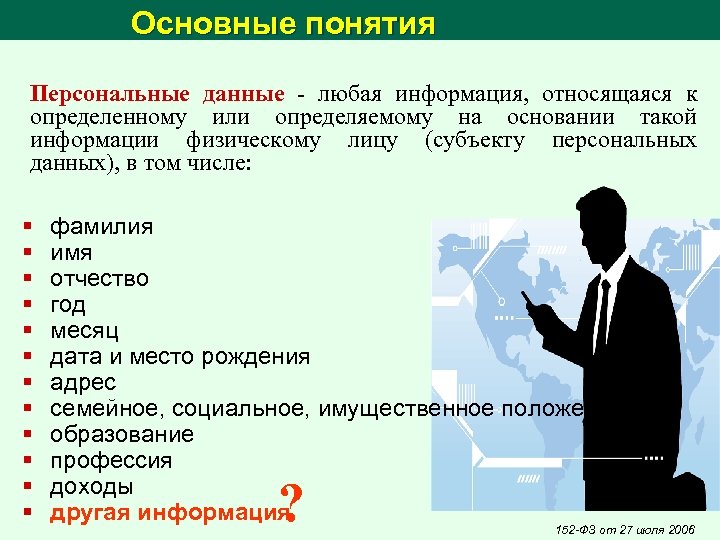 Основные понятия Персональные данные - любая информация, относящаяся к определенному или определяемому на основании