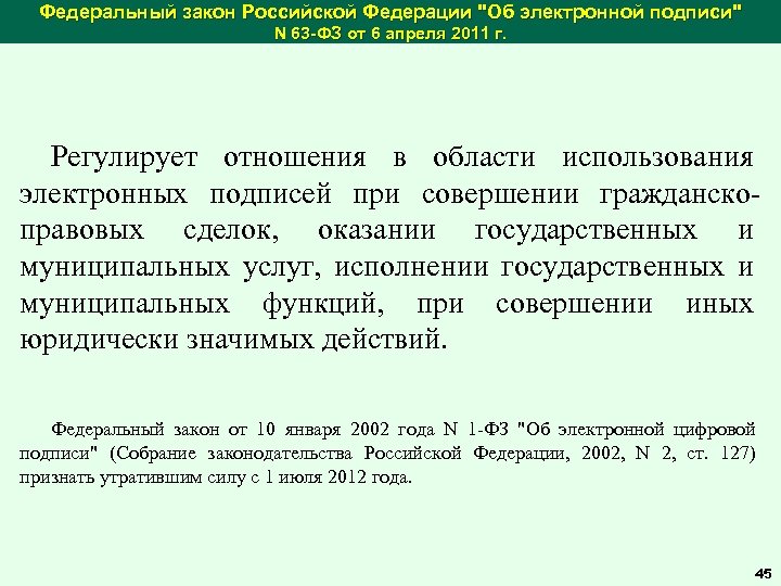Федеральный закон Российской Федерации "Об электронной подписи" N 63 -ФЗ от 6 апреля 2011