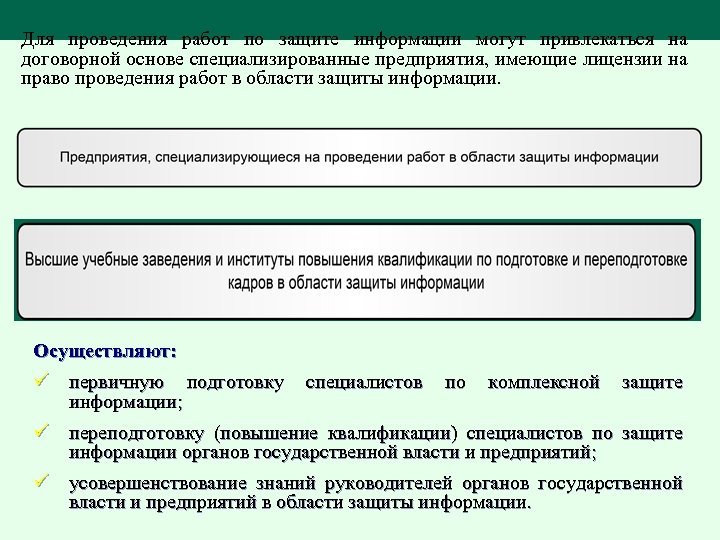 Для проведения работ по защите информации могут привлекаться на договорной основе специализированные предприятия, имеющие