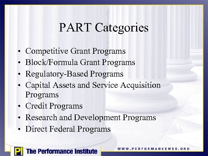 PART Categories • • Competitive Grant Programs Block/Formula Grant Programs Regulatory-Based Programs Capital Assets