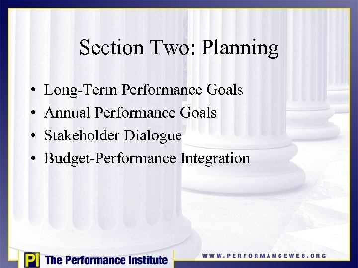 Section Two: Planning • • Long-Term Performance Goals Annual Performance Goals Stakeholder Dialogue Budget-Performance