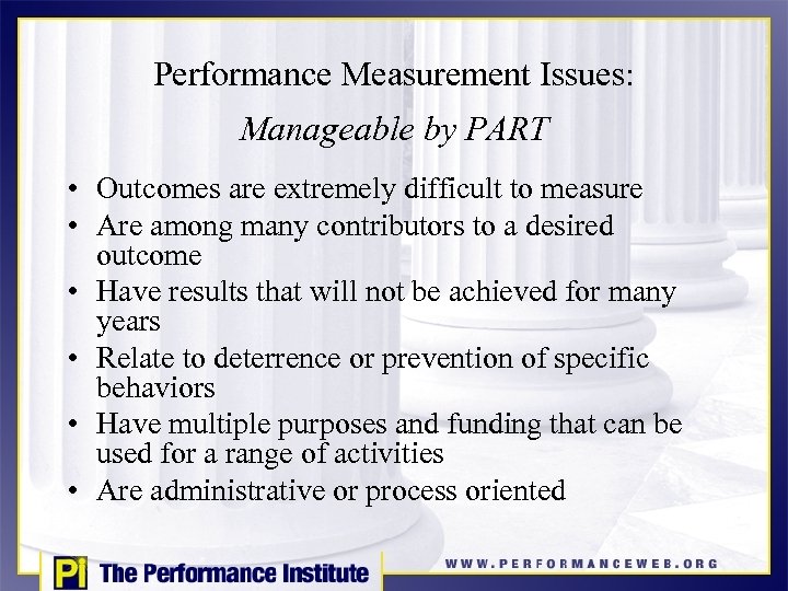 Performance Measurement Issues: Manageable by PART • Outcomes are extremely difficult to measure •