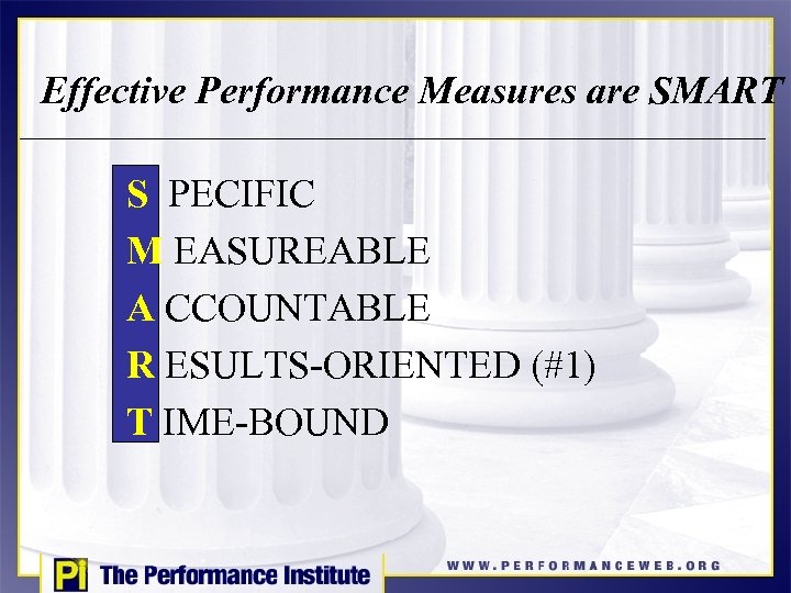 Effective Performance Measures are SMART S PECIFIC M EASUREABLE A CCOUNTABLE R ESULTS-ORIENTED (#1)