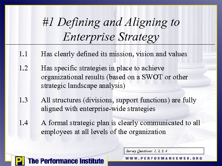 #1 Defining and Aligning to Enterprise Strategy 1. 1 Has clearly defined its mission,