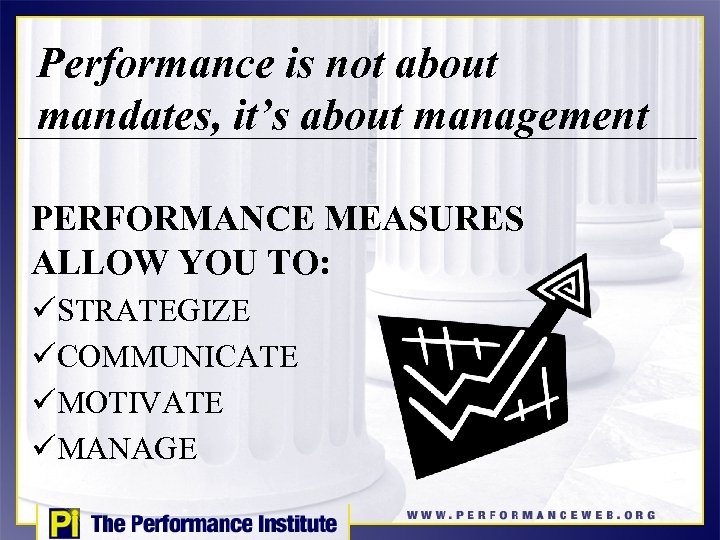 Performance is not about mandates, it’s about management PERFORMANCE MEASURES ALLOW YOU TO: üSTRATEGIZE