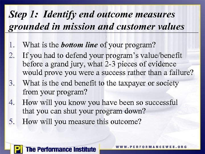 Step 1: Identify end outcome measures grounded in mission and customer values 1. What