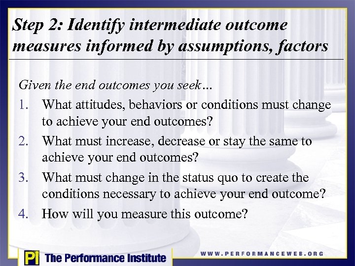 Step 2: Identify intermediate outcome measures informed by assumptions, factors Given the end outcomes
