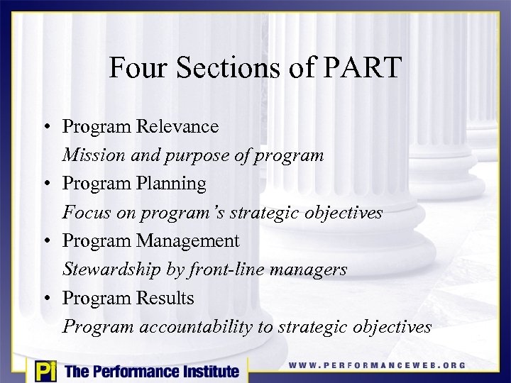Four Sections of PART • Program Relevance Mission and purpose of program • Program