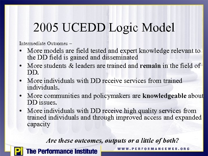 2005 UCEDD Logic Model Intermediate Outcomes – • More models are field tested and