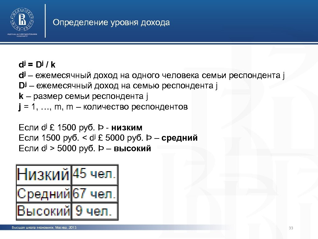 Определение уровня дохода dj = Dj / k dj – ежемесячный доход на одного