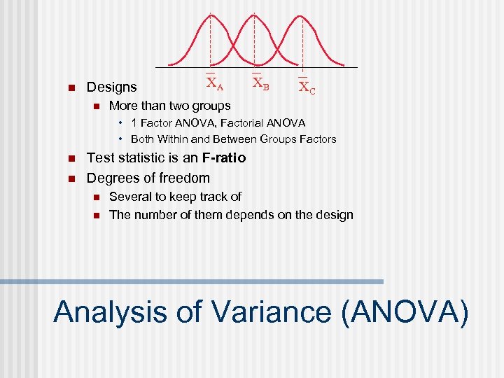 n Designs n XA XB XC More than two groups • 1 Factor ANOVA,