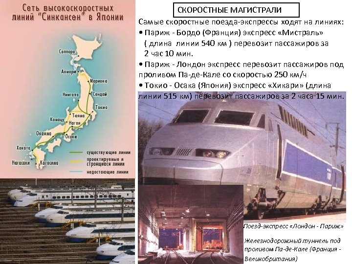 СКОРОСТНЫЕ МАГИСТРАЛИ Самые скоростные поезда-экспрессы ходят на линиях: • Париж - Бордо (Франция) экспресс