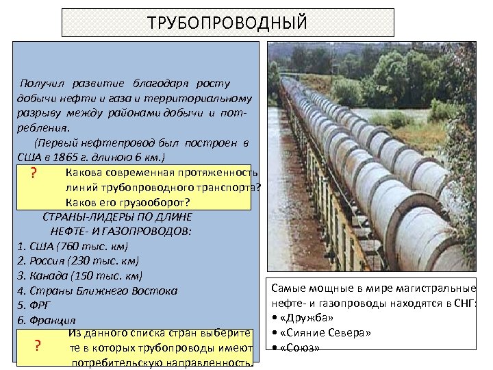 ТРУБОПРОВОДНЫЙ Получил развитие благодаря росту добычи нефти и газа и территориальному разрыву между районами