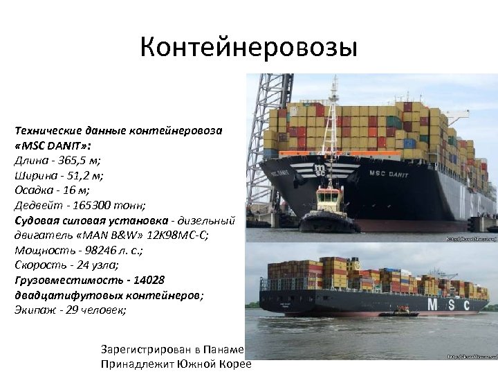 Контейнеровозы Технические данные контейнеровоза «MSC DANIT» : Длина - 365, 5 м; Ширина -