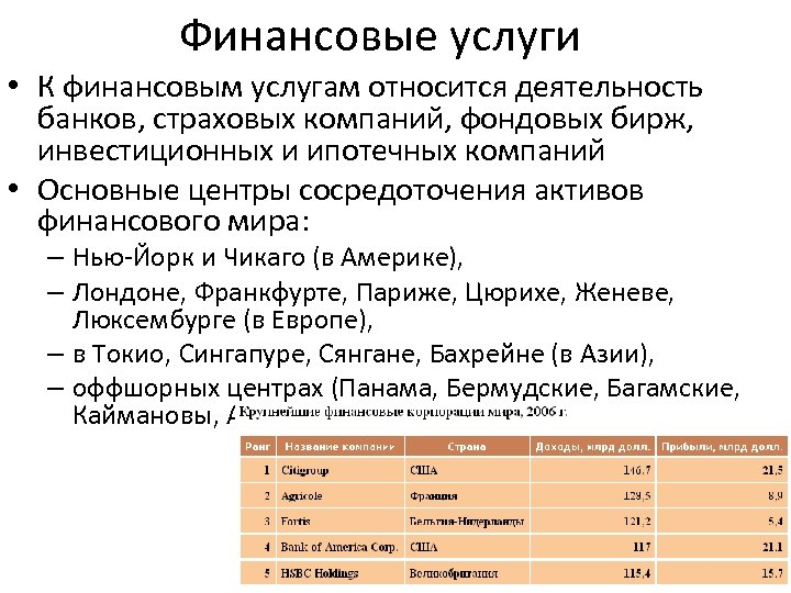 Финансовые услуги • К финансовым услугам относится деятельность банков, страховых компаний, фондовых бирж, инвестиционных