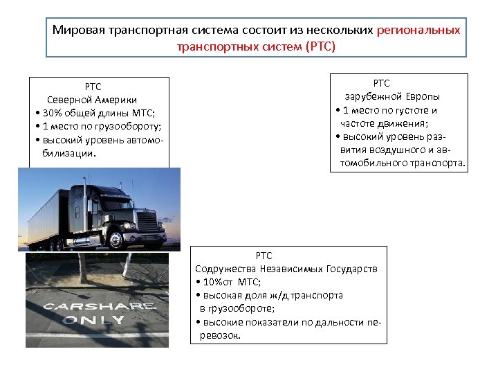 Мировая транспортная система состоит из нескольких региональных транспортных систем (РТС) РТС Северной Америки •