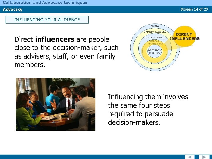 Collaboration and Advocacy techniques Advocacy Screen 14 of 27 INFLUENCING YOUR AUDIENCE Direct influencers