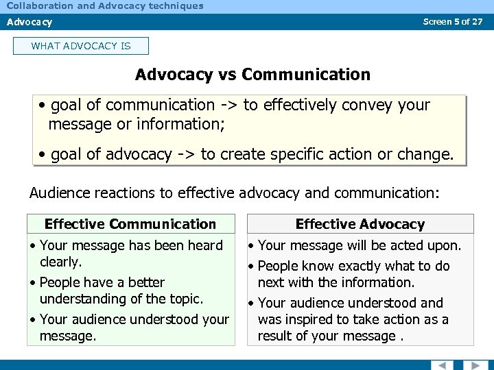 Collaboration and Advocacy techniques Advocacy Screen 5 of 27 WHAT ADVOCACY IS Advocacy vs