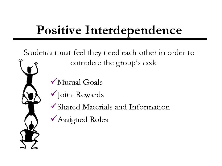 Positive Interdependence Students must feel they need each other in order to complete the