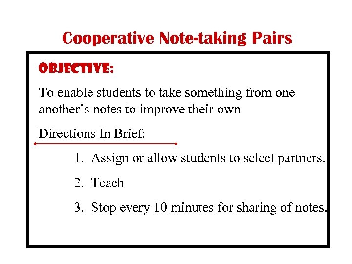 Cooperative Note-taking Pairs Objective: To enable students to take something from one another’s notes