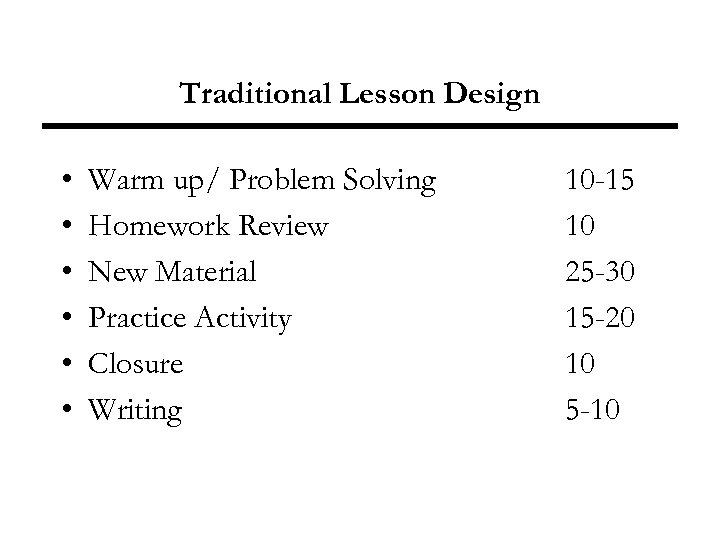 Traditional Lesson Design • • • Warm up/ Problem Solving Homework Review New Material