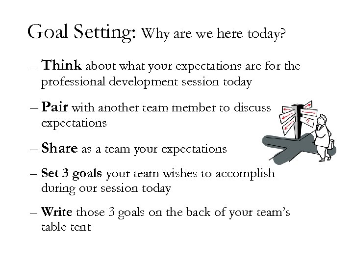 Goal Setting: Why are we here today? – Think about what your expectations are