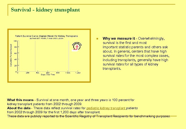 Survival - kidney transplant n Why we measure it - Overwhelmingly, survival is the