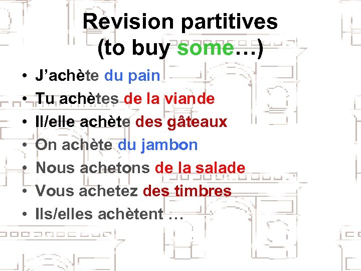 Revision partitives (to buy some…) • • J’achète du pain Tu achètes de la