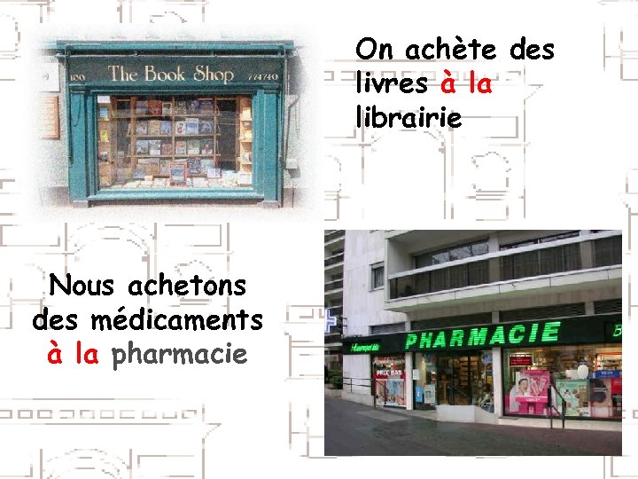 On achète des livres à la librairie Nous achetons des médicaments à la pharmacie