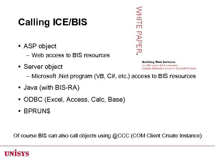 Calling ICE/BIS • ASP object – Web access to BIS resources • Server object