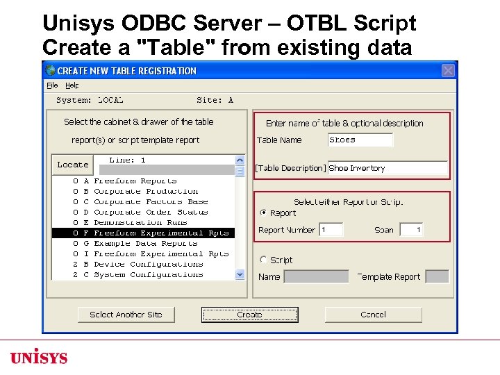 Unisys ODBC Server – OTBL Script Create a "Table" from existing data 