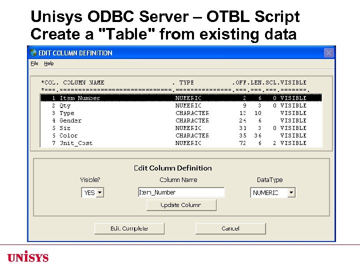 Unisys ODBC Server – OTBL Script Create a "Table" from existing data 