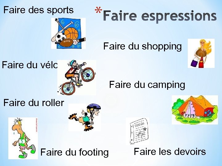 Faire des sports * Faire du shopping Faire du vélo Faire du camping Faire