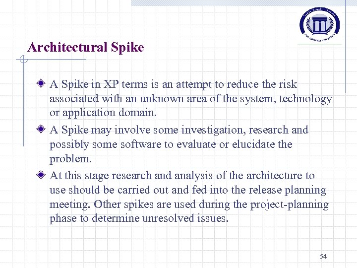 Architectural Spike A Spike in XP terms is an attempt to reduce the risk