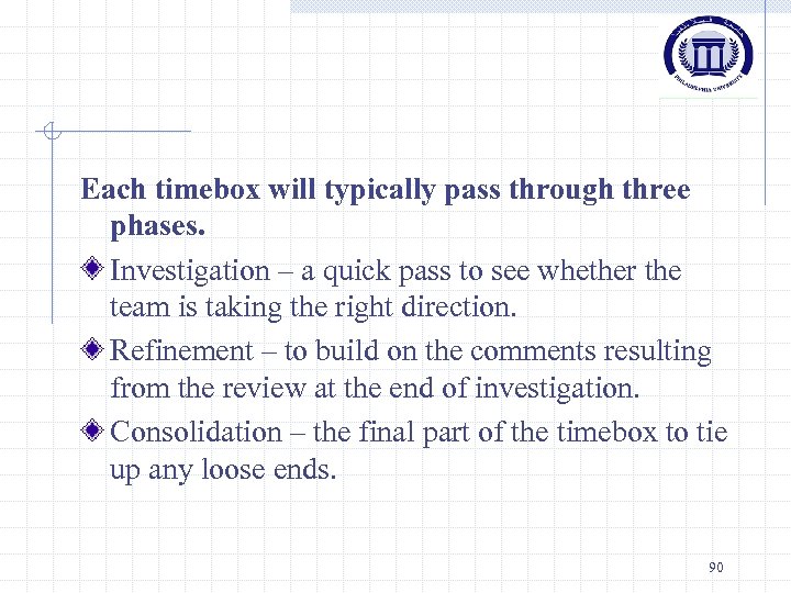 Each timebox will typically pass through three phases. Investigation – a quick pass to