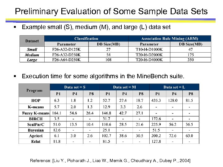 Preliminary Evaluation of Some Sample Data Sets § Example small (S), medium (M), and