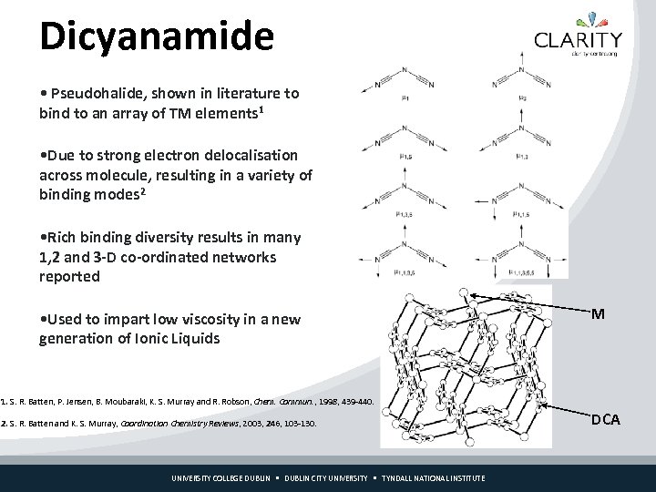 Dicyanamide • Pseudohalide, shown in literature to bind to an array of TM elements