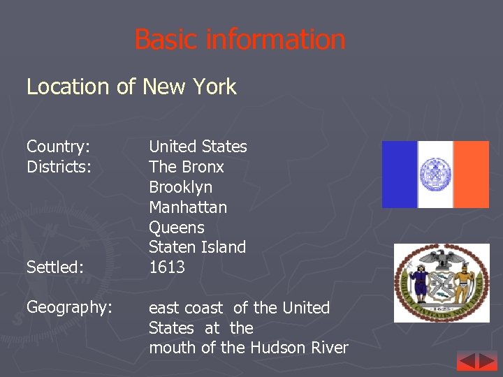 Basic information Location of New York Country: Districts: Settled: Geography: United States The Bronx