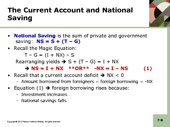 The Current Account and National Saving • National Saving is the sum of private