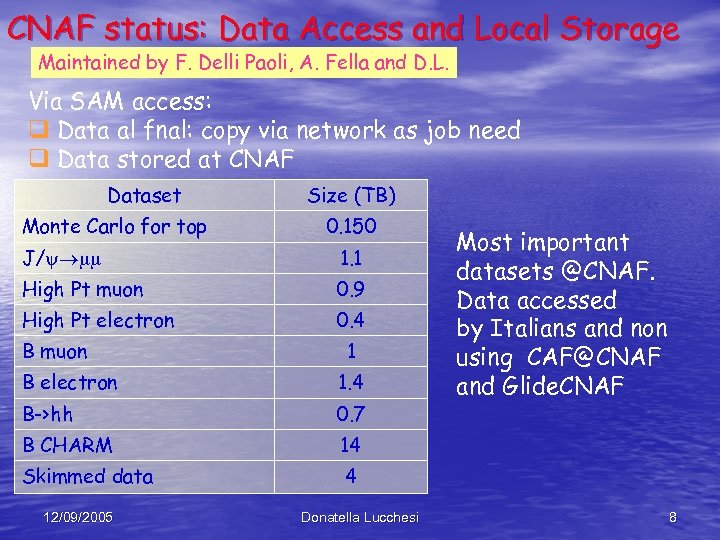 CNAF status: Data Access and Local Storage Maintained by F. Delli Paoli, A. Fella