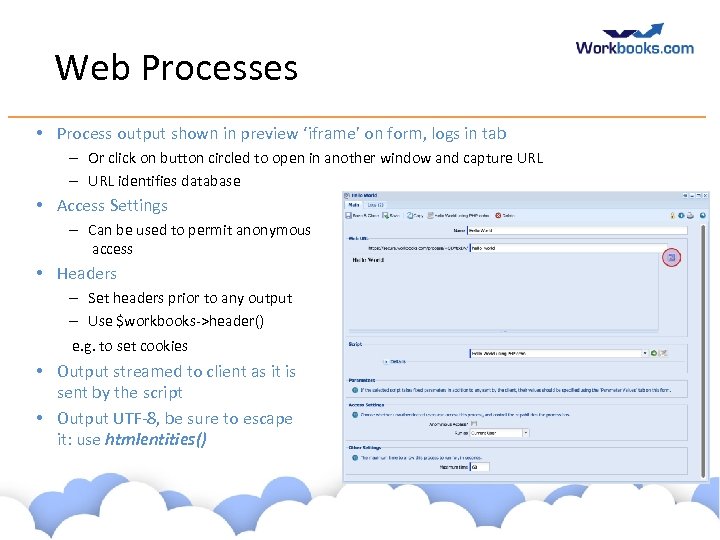 Web Processes • Process output shown in preview ‘iframe’ on form, logs in tab