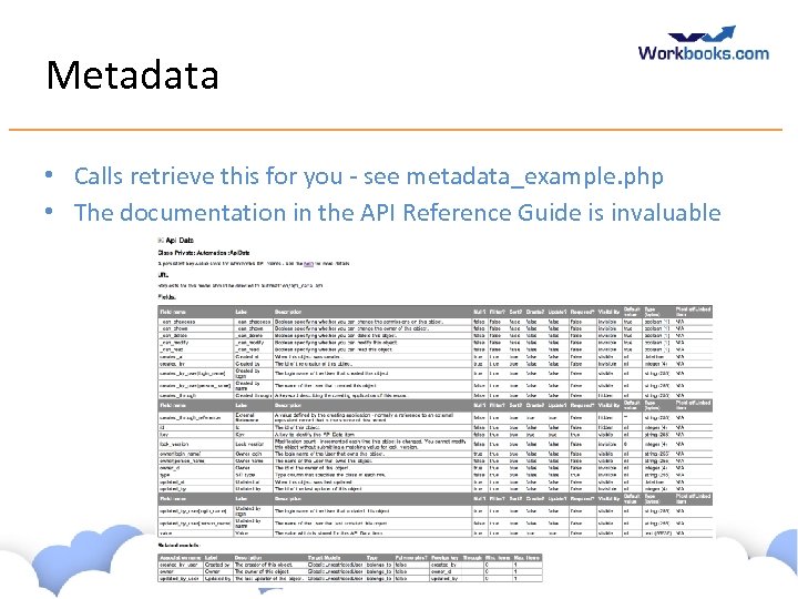 Metadata • Calls retrieve this for you - see metadata_example. php • The documentation