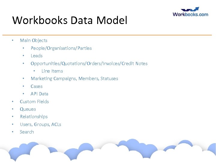 Workbooks Data Model • • • Main Objects • People/Organisations/Parties • Leads • Opportunities/Quotations/Orders/Invoices/Credit