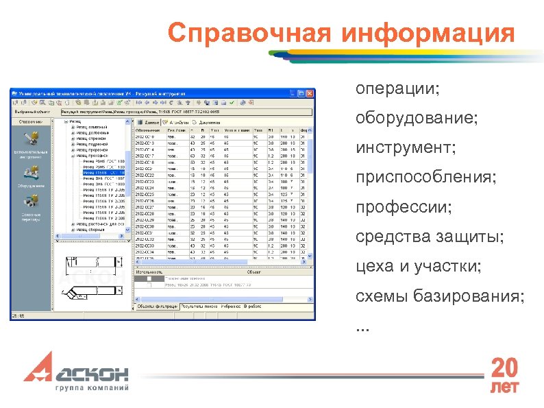 Справочная информация операции; оборудование; инструмент; приспособления; профессии; средства защиты; цеха и участки; схемы базирования;