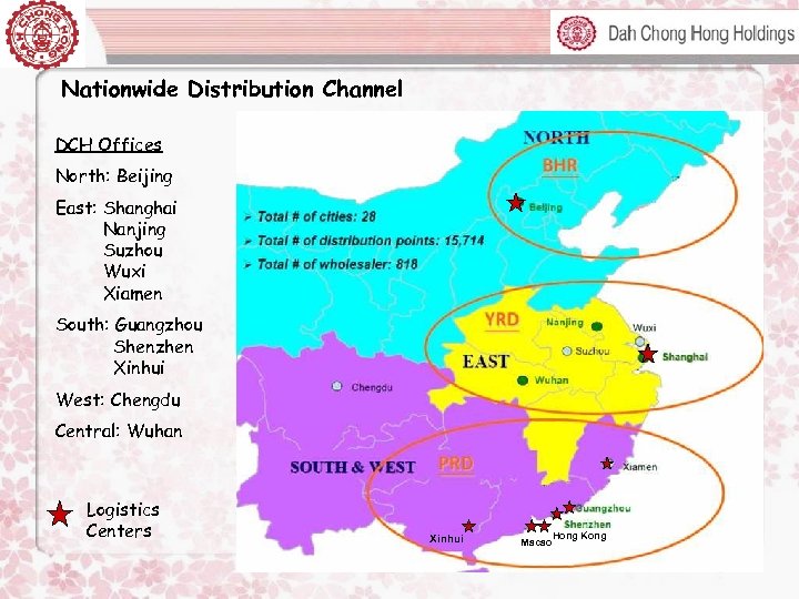 Nationwide Distribution Channel DCH Offices North: Beijing East: Shanghai Nanjing Suzhou Wuxi Xiamen South: