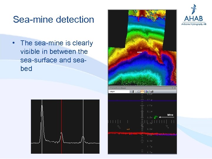 Sea-mine detection • The sea-mine is clearly visible in between the sea-surface and seabed