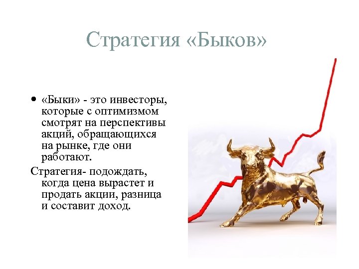 Стратегия «Быков» «Быки» - это инвесторы, которые с оптимизмом смотрят на перспективы акций, обращающихся