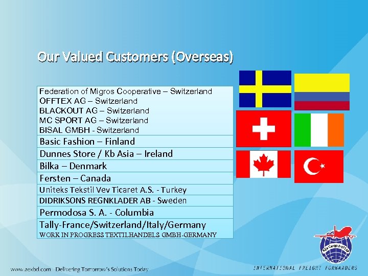 Our Valued Customers (Overseas) Federation of Migros Cooperative – Switzerland OFFTEX AG – Switzerland