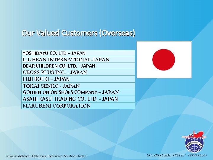 Our Valued Customers (Overseas) YOSHIDAYU CO. LTD – JAPAN L. L. BEAN INTERNATIONAL-JAPAN DEAR